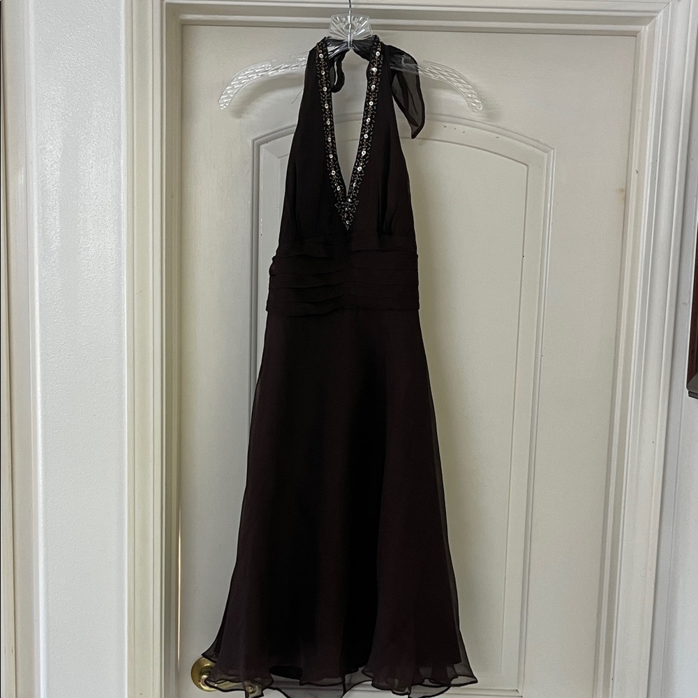 NWOT- Robbie Bee Chocolate Brown Embellished Silk Halter Dress